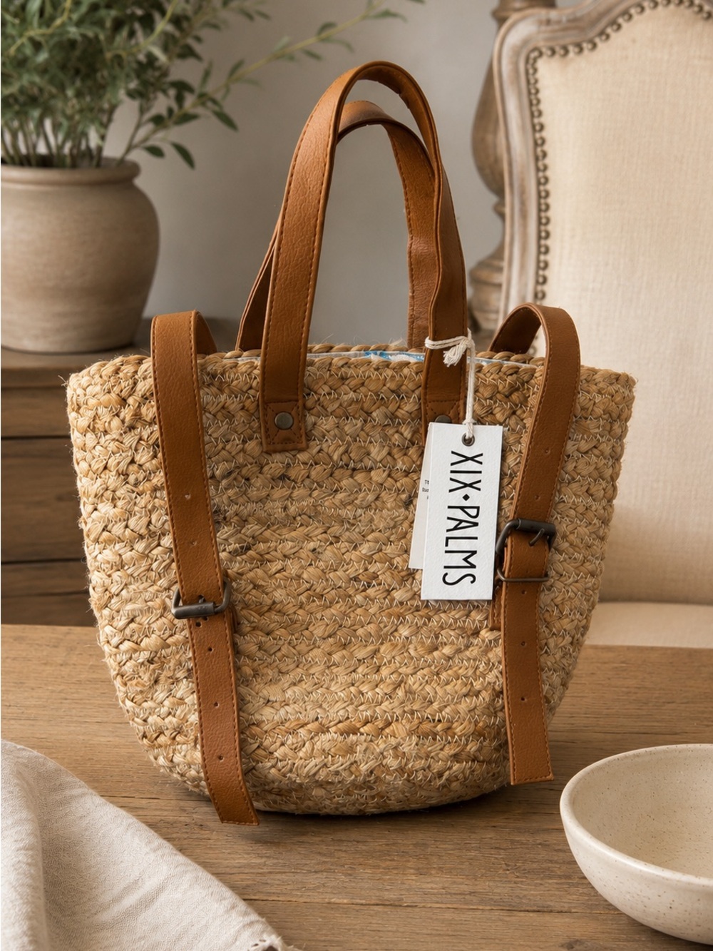 Tan Straw Tote with Leather Straps
